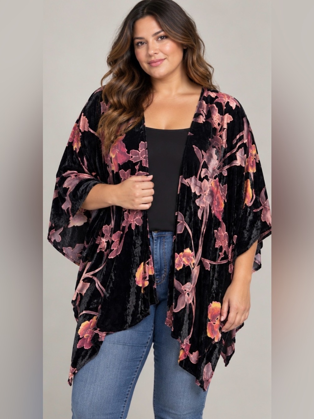 entro Black Velvet Floral Kimono Cardigan with Pink & Peach Blooms